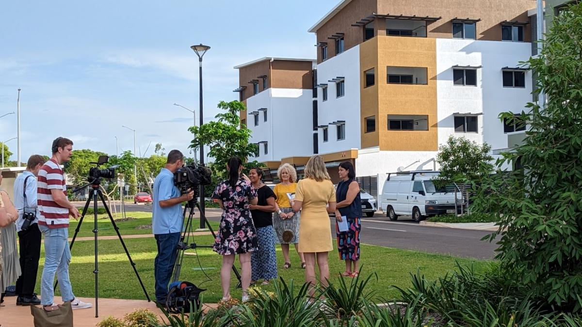 Chief Minister for the NT and Member for Nightcliff Natasha Fyles with Minister for Housing & Homelands Selena Uibo with Venture CEO Karen Walsh on the lawns in the front of the John Stokes Square precinct talking to the media.