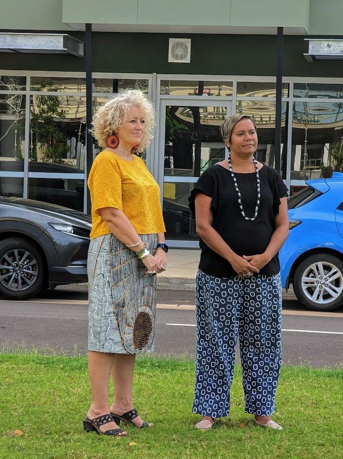 Karen Walsh & Minister Uibo standing on the lawns at John Stokes Precinct