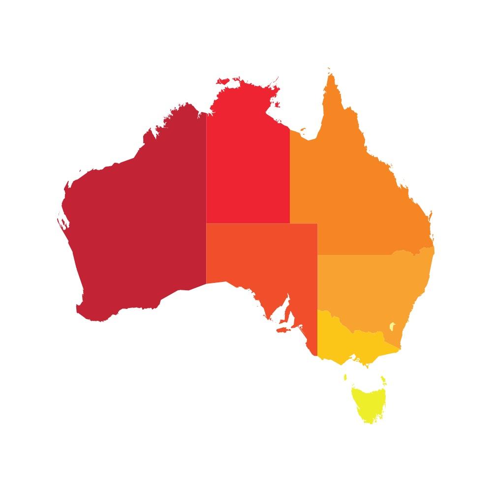 Map of Australia in orange red and yellow to represent the heat of the summer