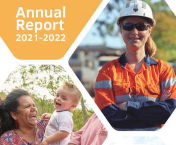 Picture of Venture Housing Annual Report cover, depicting a female construction worker, a first nations family and one of our homes in Driver. 