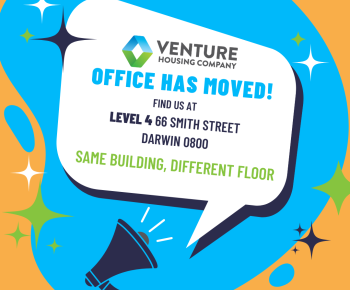 Image wirth megaphone stating Venture Office has moved, blue and orange rounded shapes with stars