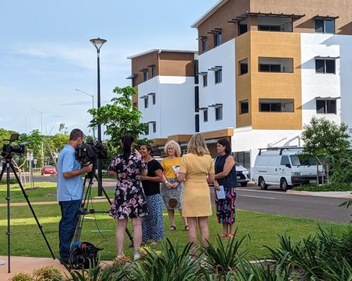 Chief Minister for the NT and Member for Nightcliff Natasha Fyles with Minister for Housing & Homelands Selena Uibo with Venture CEO Karen Walsh on the lawns in the front of the John Stokes Square precinct talking to the media. 