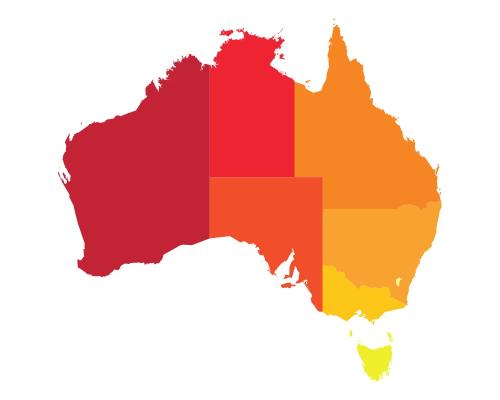 Map of Australia in orange red and yellow to represent the heat of the summer
